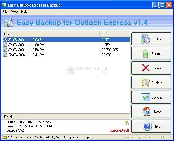 Pantallazo Easy Backup Outlook Express