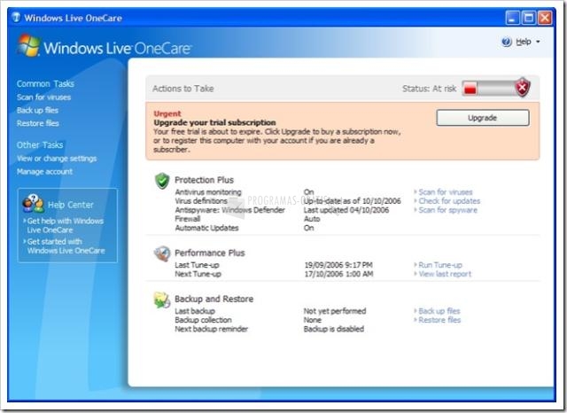 Pantallazo Windows Live OneCare