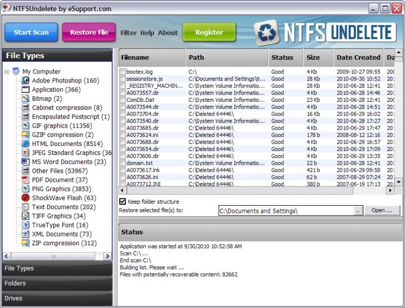 Pantallazo NTFS Undelete