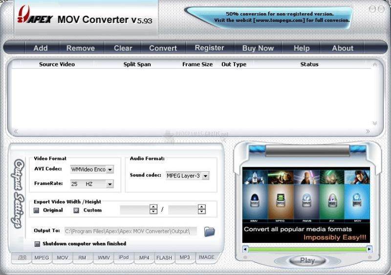 Pantallazo Apex MOV Converter