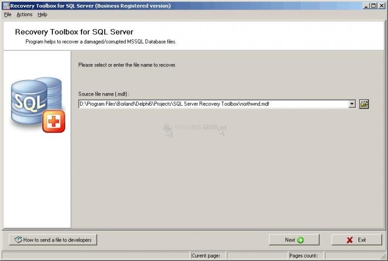 Pantallazo Recovery Toolbox for SQL Server