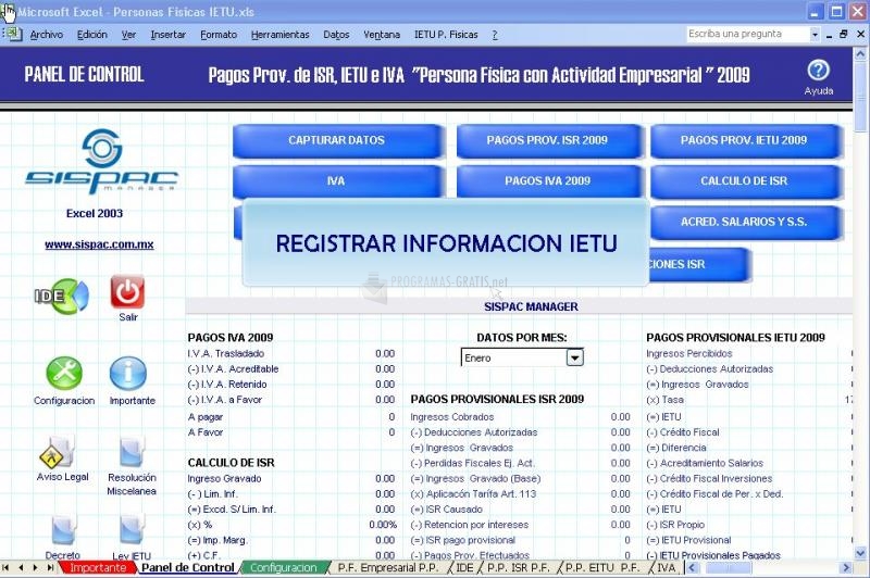 Pantallazo SISPAC Impuestos IETU, ISR e IVA