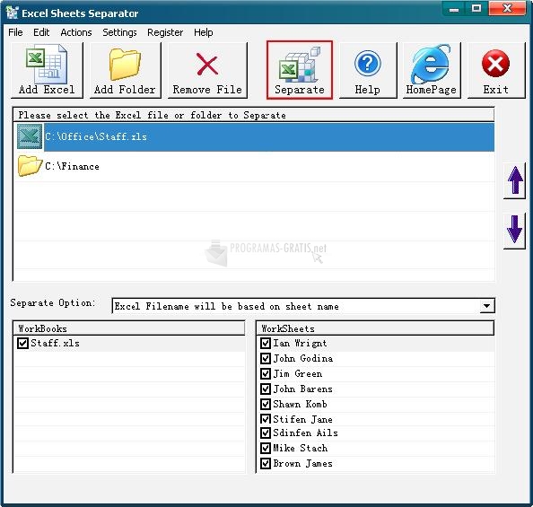 Pantallazo Excel Sheets Separator