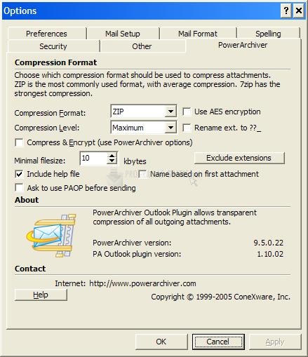 Pantallazo Power Archiver Outlook Plug-In