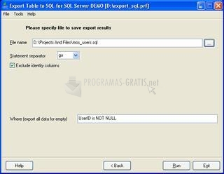 Pantallazo Export Table to SQL for DB2