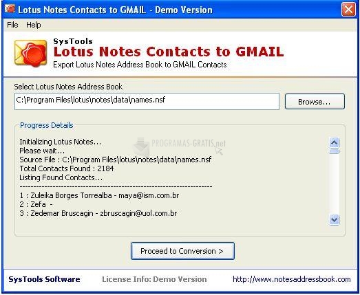 Pantallazo Lotus Notes Contacts to Gmail