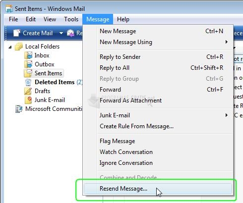 Pantallazo Resend Message for Outlook Express