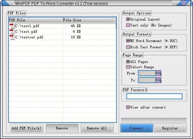 Pantallazo mini PDF to Word Converter