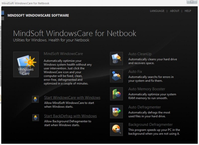 Pantallazo MindSoft WindowsCare for Netbook