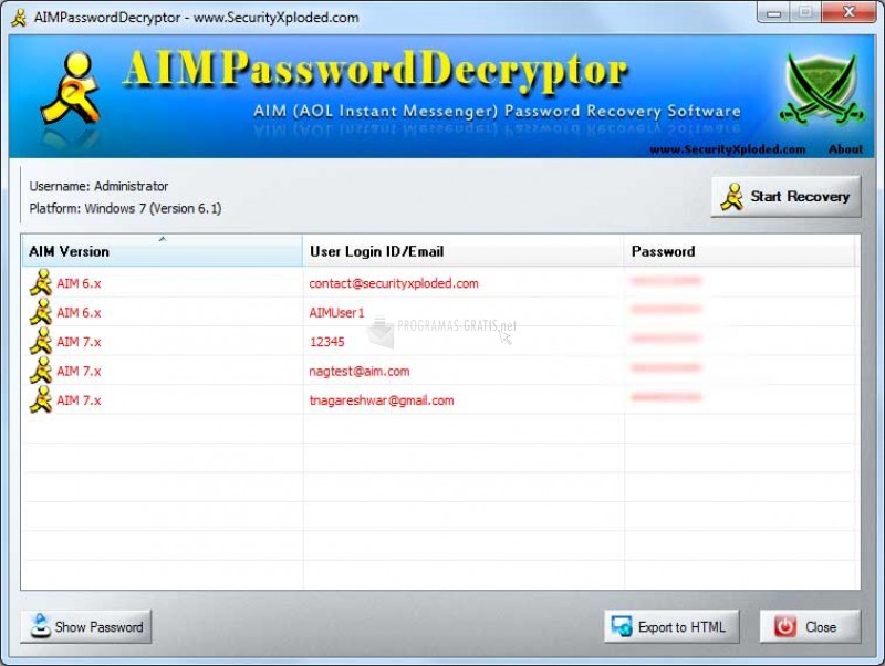 Pantallazo AIM Password Decryptor