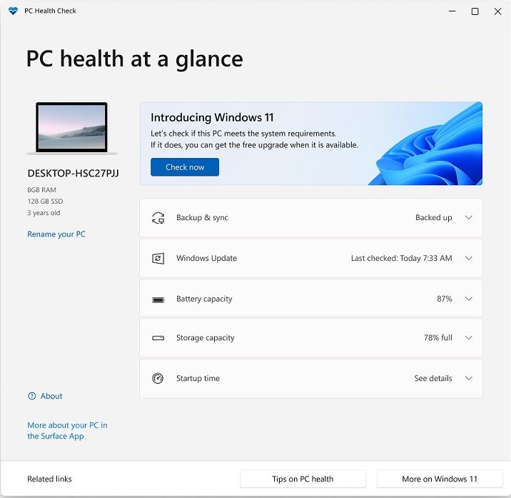 Pantallazo Windows PC Health Check