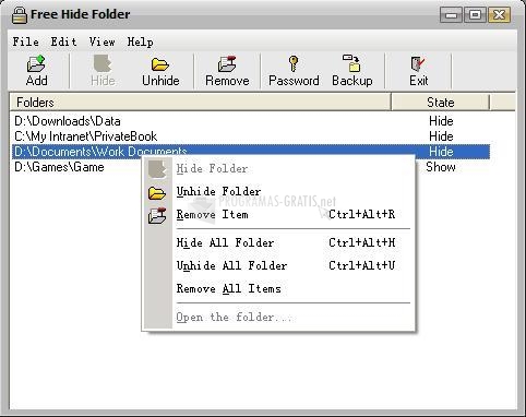 Pantallazo Free Hide Folder